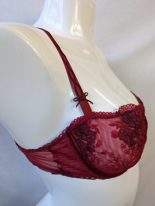 Chantelle Romance, a beautiful demi bra. Style 2745. Color Red. Side view.