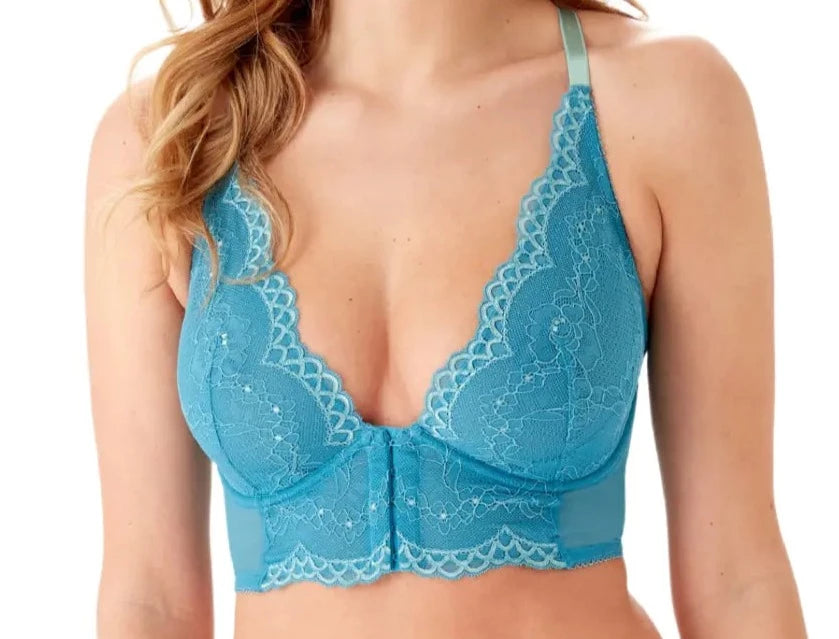 Gossard Superboost, a longline bra with a deep V plunge. Color Ocean Blue. Style 7718.