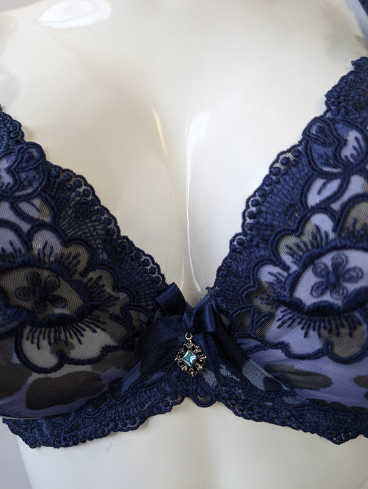 Lise Charmel Floral Dressing, a wonderful plunge bra. Color Sapphire. Style BCA3285. Front view.