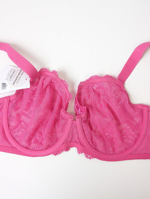 Celeste, by Simone Perele, a demi full cup bra with all over sheer lace, the cups are lined with mesh for added support. Color Fuschia. Style 12M334.