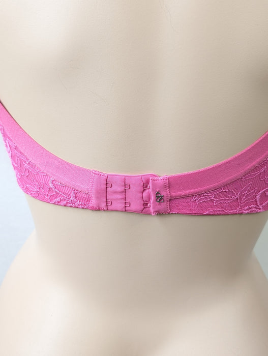 Celeste, by Simone Perele, a demi full cup bra with all over sheer lace, the cups are lined with mesh for added support. Color Fuschia. Style 12M334.