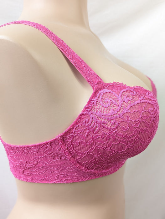 Celeste, by Simone Perele, a demi full cup bra with all over sheer lace, the cups are lined with mesh for added support. Color Fuschia. Style 12M334.