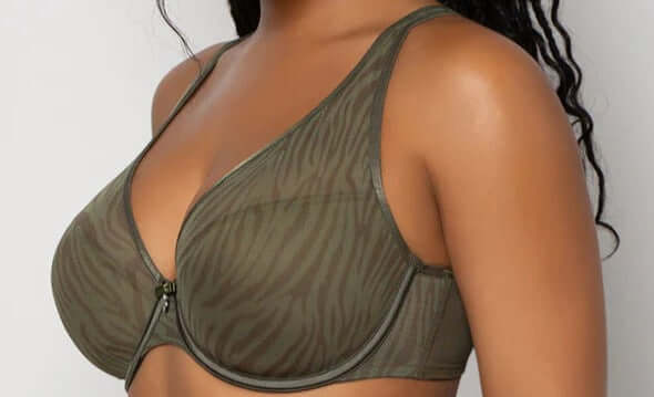 Curvy Couture, a plunge plus size bra. Color Olive. Style 1310.